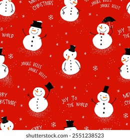 Cute hand drawn seamless pattern - Snowman with carrot nose and cylinder hat, lovely christmas background, great for wrapping paper, textiles, wallpapers - vector 