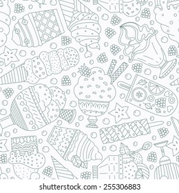 Cute hand drawn seamless pattern with different types of ice cream. Doodle texture with sweet desserts. Perfect background for cafe or restaurant menu. 