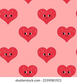 Cute hand drawn seamless pattern. Festive packaging for Valentine's Day. Red hearts with smiling faces and texture on a pink background.