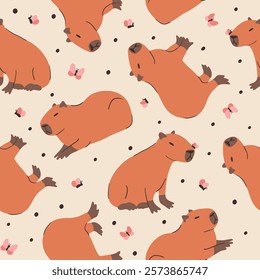 Cute hand drawn seamless pattern with capybaras and butterflies. Animal vector background for fabric or wallpaper design