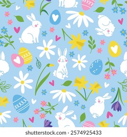 Cute hand drawn seamless pattern. Bunnies, Easter eggs and flowers. Happy Easter design for textiles, banners, wallpapers, wrapping.