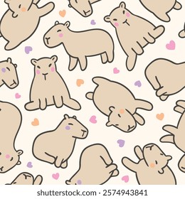 Cute hand drawn seamless pattern with capybaras and tiny hearts. Animal vector background for fabric or wallpaper design