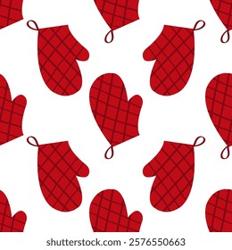 A cute hand drawn seamless pattern with cute red potholder. Doodle kitchen utensils print.