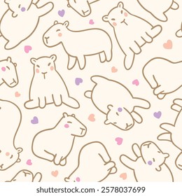 Cute hand drawn seamless pattern with capybaras and tiny hearts. Animal vector background for fabric or wallpaper design