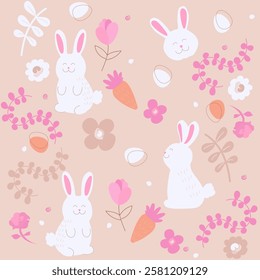 Cute hand drawn seamless pattern with easter bunny and eggs. Cartoon elements set with bunny and flowers on beige background. Sweet repeat hand drawn fabric textile, print design for kids.

