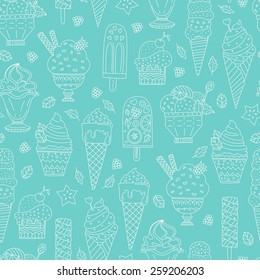 Cute hand drawn seamless pattern with different types of ice cream. Doodle texture with sweet desserts. Perfect background for cafe or restaurant menu. 