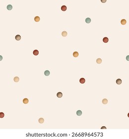Nettes, von Hand gezeichnetes, nahtloses Muster mit verstreuten Polka-Punkten in gedeckten Erdtönen auf beigem Hintergrund. Minimalistisches Herbst-Design, perfekt für Stoff, Tapete, Wickelpapier, Kindertextilien und mehr.