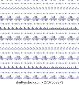Cute hand drawn seamless pattern featuring cars, Mountains, and Geometric Stripes for nursery. Childish transportation background with automobiles and abstract road lines. Playful doodle vector print.