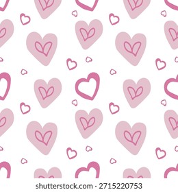 Lindo patrón sin fisuras dibujado a mano con corazones rosados. Fondo del Vector del día de San Valentín.