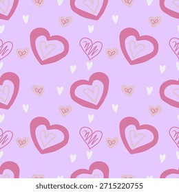 Nettes, handgezeichnetes, nahtloses Muster mit rosafarbenen Herzen. Valentinstag, Vektorhintergrund.