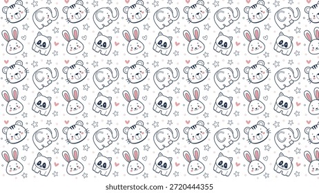 Cute hand drawn seamless pattern with baby animals including tiger, elephant, bunny and panda. Soft pastel doodle style with hearts and stars, perfect for nursery decor, kids fabric, wallpaper, wrapping paper and children designs.