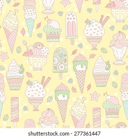 Cute hand drawn seamless pattern with different types of ice cream. Doodle texture with sweet desserts. Perfect background for cafe or restaurant menu.
