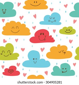 Cute hand drawn seamless pattern with clouds, drops and hearts. Vector illustration
