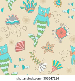 Cute hand drawn seamless pattern with water fantastic creatures made in vector. Underwater life texture. Fish, cat-mermaid,jellyfish, shell,starfish.