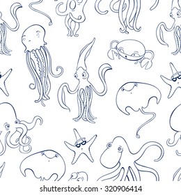 Cute hand drawn seamless pattern with water creatures made in vector. Underwater life texture.