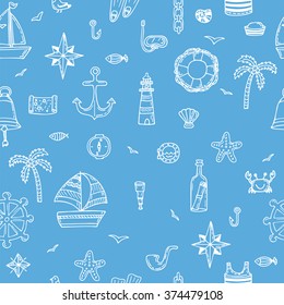 Cute hand drawn seamless pattern with nautical elements. Nautical icons. Marine symbols. Vector illustration