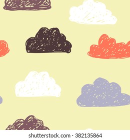 Cute hand drawn seamless pattern with clouds. Funny background. Vector illustration background with weather events.