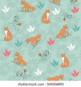cute hand drawn seamless pattern with foxes.