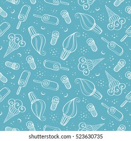 Cute hand drawn seamless pattern with different types of ice cream. Vector illustration