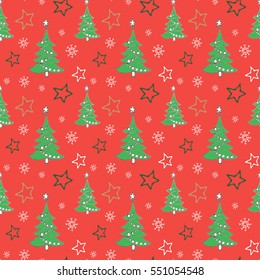 Cute hand drawn seamless pattern with christmas tree, stars and snowflakes