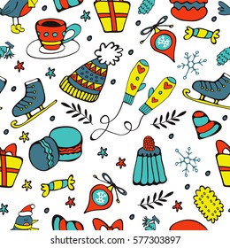 Cute hand drawn seamless pattern of winter related graphics. Vector illustration