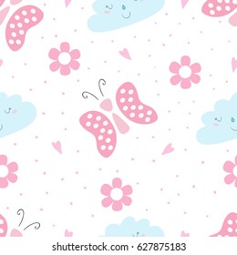 Cute hand drawn seamless pattern with Butterfly and cloud vector illustration.
