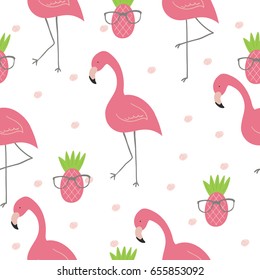 Cute hand drawn seamless pattern with pink flamingo. Vector print.