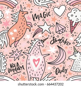Cute hand drawn seamless pattern with unicorns and rainbows. Vector background