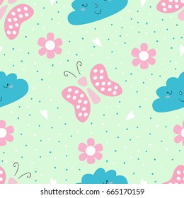 Cute hand drawn seamless pattern with Butterfly and cloud vector illustration.