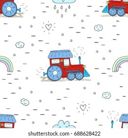 Cute hand drawn seamless pattern with cartoon trains.