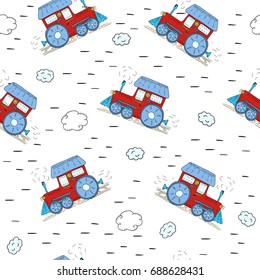 Cute hand drawn seamless pattern with cartoon trains.