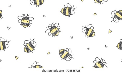 cute hand drawn seamless pattern of bees and hearts