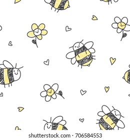 cute hand drawn seamless pattern of bees, flowers and hearts