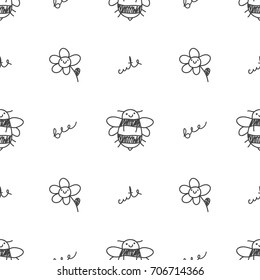 cute hand drawn seamless pattern of bees and handwritten text elements