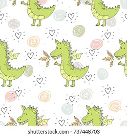 Cute hand drawn seamless pattern with funny dragons.