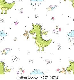 Cute hand drawn seamless pattern with funny dragons.