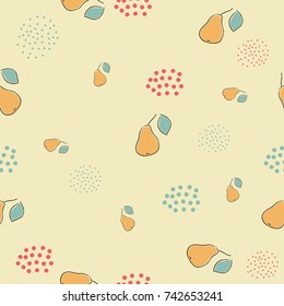 Cute Hand Drawn Seamless Pattern with Hand Drawn Pears and dots. Great for wall art design, gift paper, wrapping, fabric, textile, etc.Vector Illustration