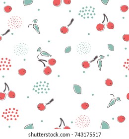 Cute Hand Drawn Seamless Pattern with cherries. Great for wedding cards, postcards, t-shirts, bridal invitations, brochures, posters, gift wrapping, wall art, wallpapers, etc.Vector Illustration.