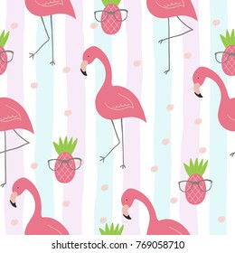 Cute hand drawn seamless pattern with pink flamingo. Vector print.