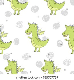 Cute hand drawn seamless pattern with funny dragons.