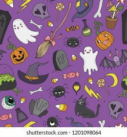 Cute hand drawn seamless patterns with cute hand drawn doodle Halloween objects. Concept of wrapping paper for Halloween, Halloween design.