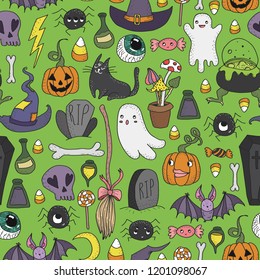 Cute hand drawn seamless patterns with cute hand drawn doodle Halloween objects. Concept of wrapping paper for Halloween, Halloween design.