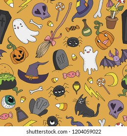 Cute hand drawn seamless patterns with cute hand drawn doodle Halloween objects. Concept of wrapping paper for Halloween, Halloween design.