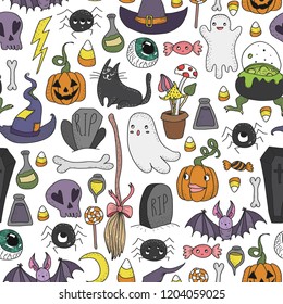 Cute hand drawn seamless patterns with cute hand drawn doodle Halloween objects. Concept of wrapping paper for Halloween, Halloween design.