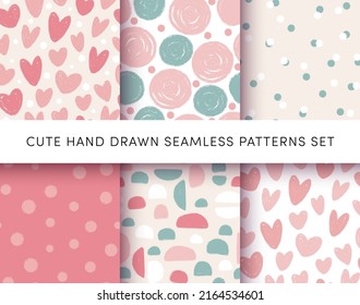 Cute Hand Drawn Seamless Patterns Set. Abstract shapes, circles and hearts with paint brush stroke grunge texture. Vector Ink textured backgrounds.