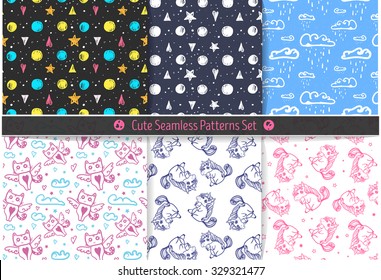 Cute hand drawn seamless patterns. Endless texture for paper or scrap booking with unicorns, clouds, cats and stars. All patterns in swatches panel.