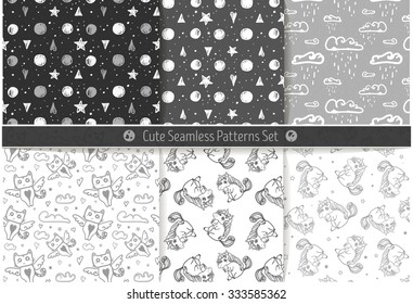 Cute hand drawn seamless patterns. Endless texture with unicorns, clouds, cats and stars. Scrapbook design elements. All patterns are included in swatch menu.