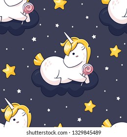 Cute hand drawn seamless unicorn pattern with stars. Unicorn pattern for children clothes and wrapping paper.  Kawaii character on dark backdrop. 