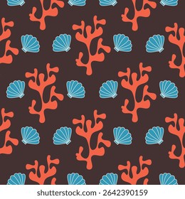 ilustração de padrão de vetor sem costura desenhado à mão bonito com coral vermelho e conchas azuis no fundo marrom	