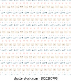 Cute hand drawn seamless vector pattern with funny cat faces, fish, hearts, on a white background. Scandinavian design style. Concept for kids textile print, wallpaper, wrapping paper.